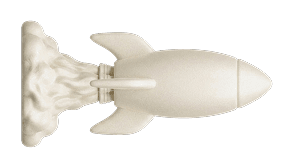 A high-quality 3D-style white rocket blasting off with soft smoke, modern claymorphism style, soft lighting, isolated on a solid background matching the card's color.